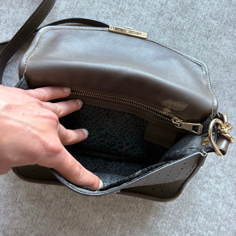 $650 Longchamp Mademoiselle Perforated Brown Crossbody Leather Handbag - Picture 6 of 9